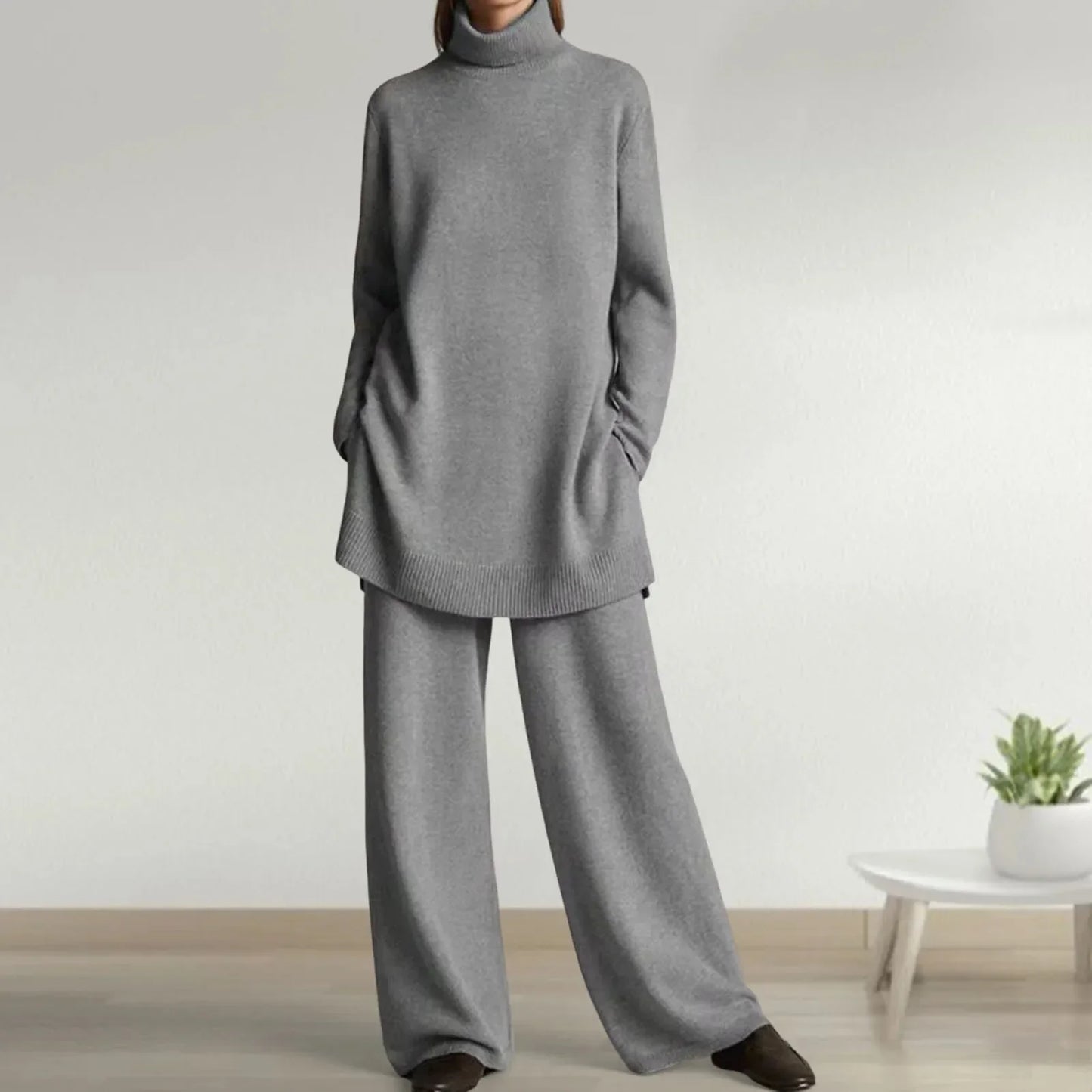 Women's casual high collar knitted top and pants set