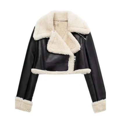 Women's classic leather coat with wide collar