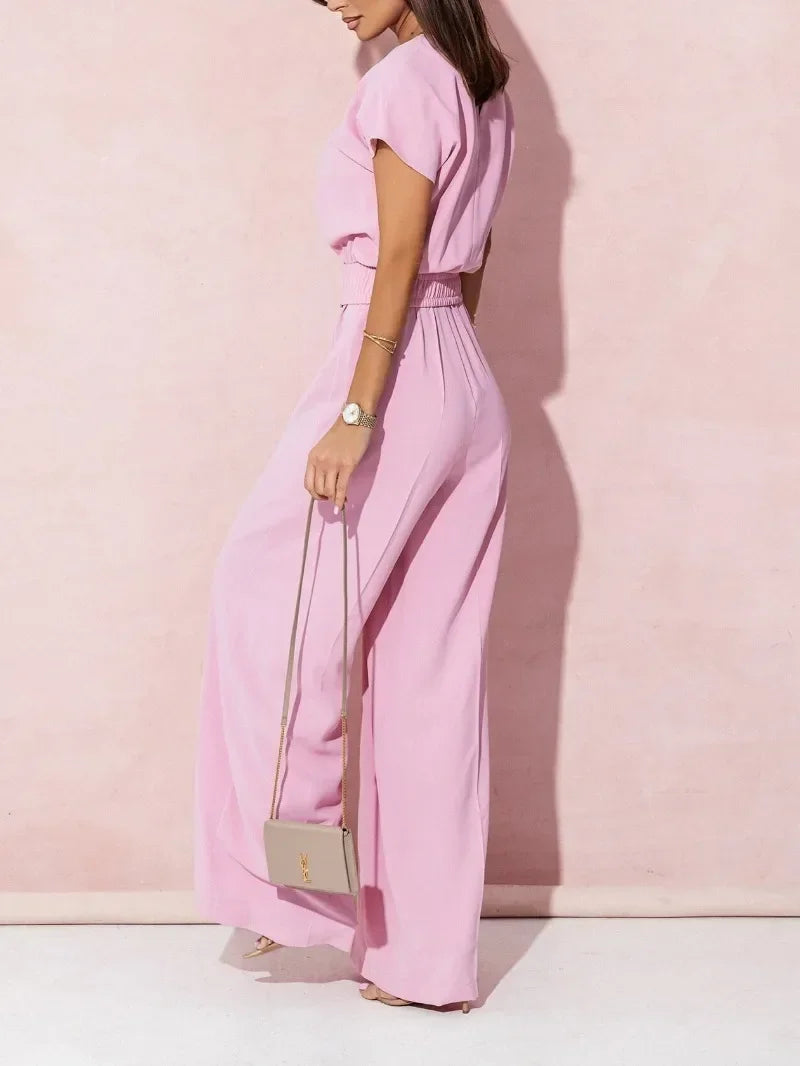 Women's Wide-Leg Jumpsuit - V-Neck Short Sleeve - Cinched Waist with Belt