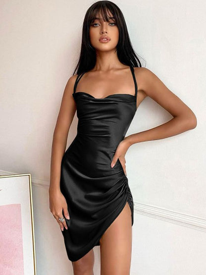 Women's Bodycon Mini Dress - Sweetheart Neckline - Spaghetti Straps - Ruched Detail