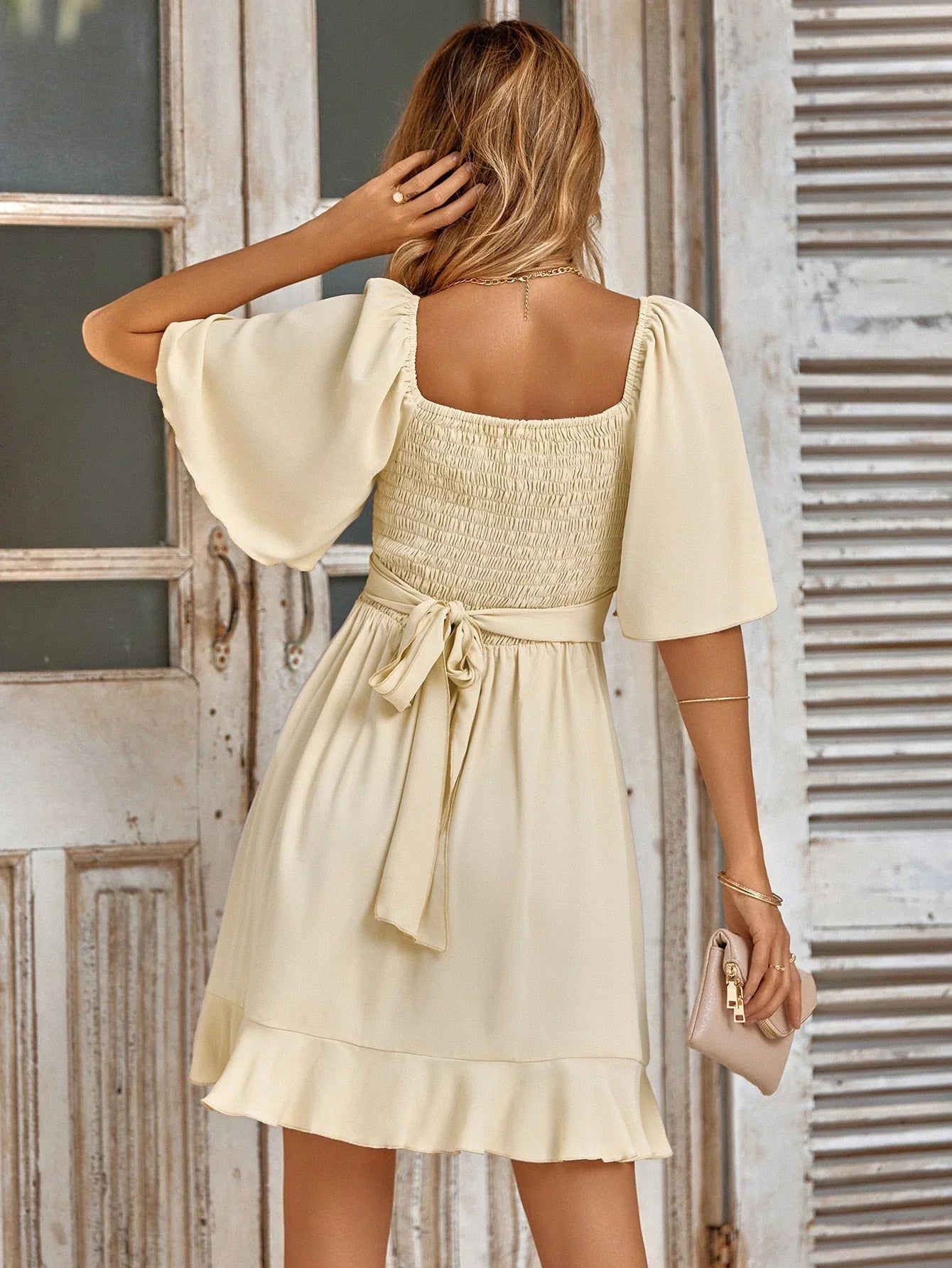 Women's Wrap Dress - V-Neck - Short Wide Sleeves - Ruffle Hem - Elegant Flowing Fit