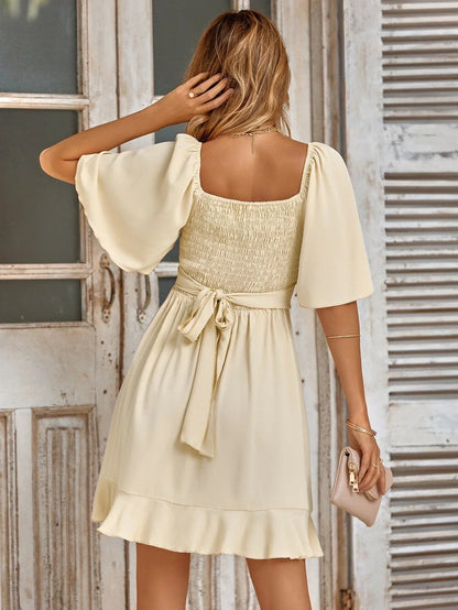 Women's Wrap Dress - V-Neck - Short Wide Sleeves - Ruffle Hem - Elegant Flowing Fit