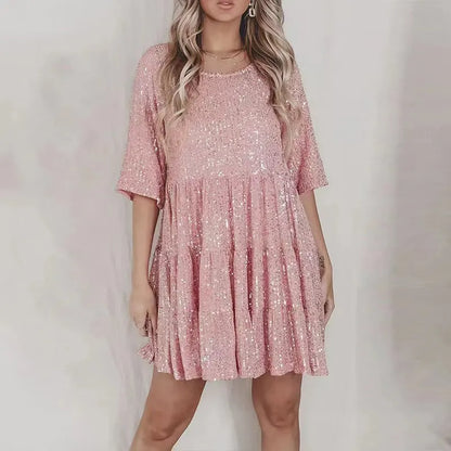 Women's Sequin Dress - A-Line Silhouette - Mid Sleeve - Round Neck - Party Wear