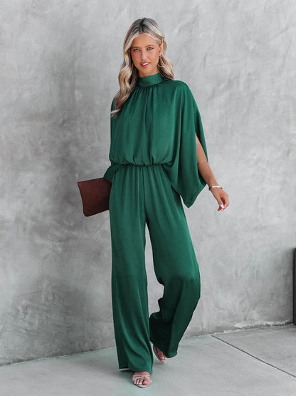 Women's Jumpsuit - High Neck - Draped Cape Sleeves - Wide Leg - Elegant Flowy Fit