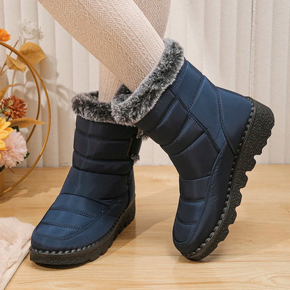 Women's waterproof  faux fur high-top snow boots with hook-and-loop closure