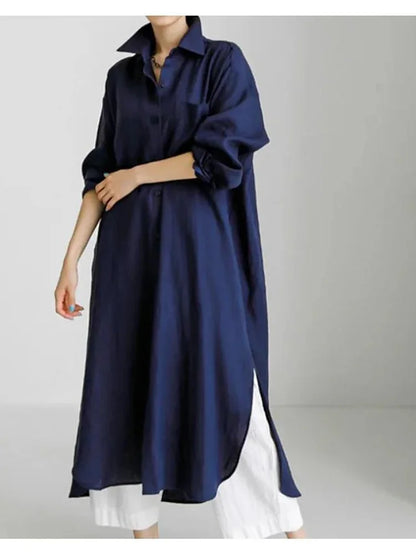 Women's Shirt Dress - Button Down - Long Sleeve - Relaxed Fit - Side Slits