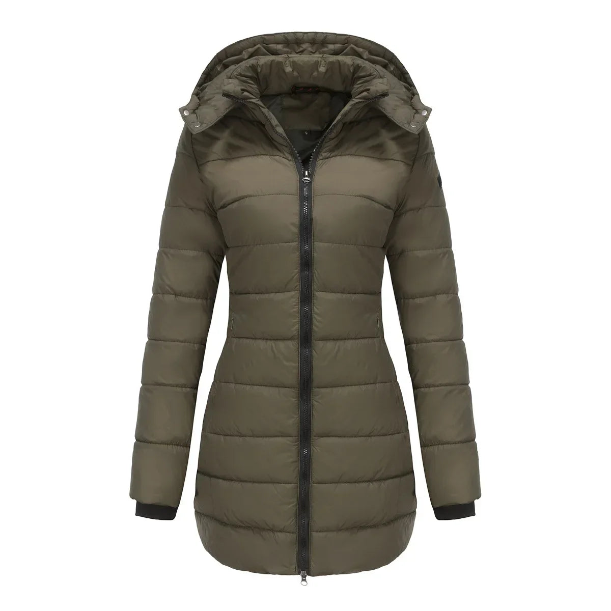 Women's winter puffer jacket with a removable quilted hood