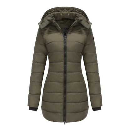 Women's winter puffer jacket with a removable quilted hood