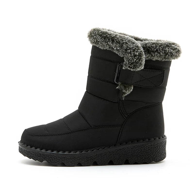 Women's waterproof  faux fur high-top snow boots with hook-and-loop closure