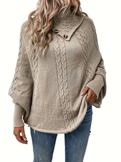 Women’s turtleneck batwing cable knit poncho sweater
