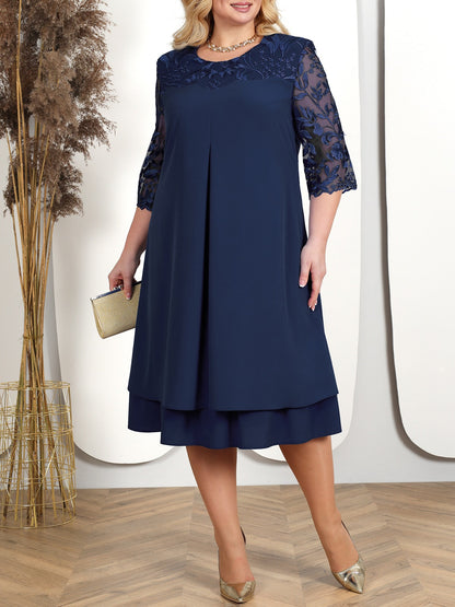 Women's Cocktail Dress - Layered A-Line - Sheer Embroidered Overlay - Mid Sleeve Elegant Fit