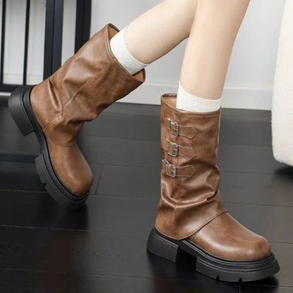 Retro chunky heel biker boots for women with buckle detailing