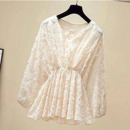 Women's Lace Blouse - V-Neck Peplum - Long Billowy Sleeves - Elegant Floral Pattern