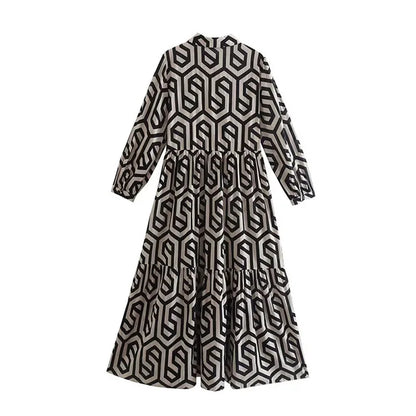 Women’s Long Sleeve Dress – Relaxed Fit – Tiered Silhouette – Geometric Print – Breathable Blend