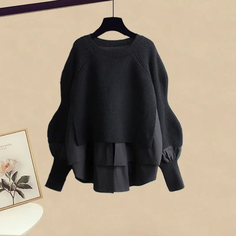 Women's large autumn winter splicing two-piece suit with slim skirt