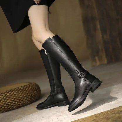 Women's PU leather knee boots with buckle metal details