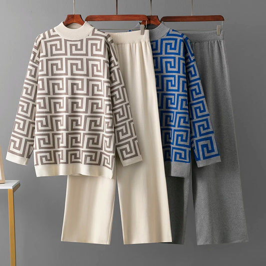 Jacquard O-Neck Sweater and Loose Fit Pants Set