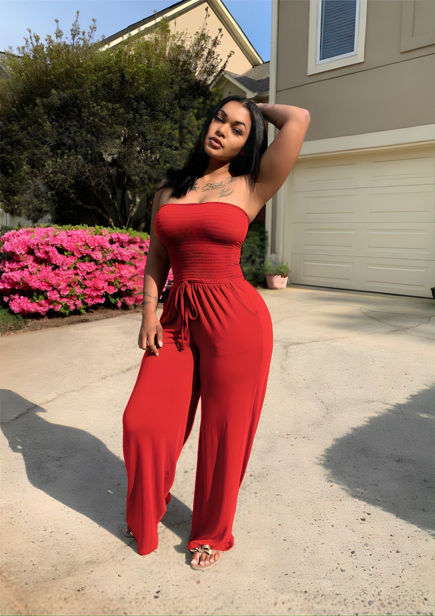 Women's Strapless Jumpsuit - Smocked Bodice - Wide-Leg Fit - Adjustable Waist