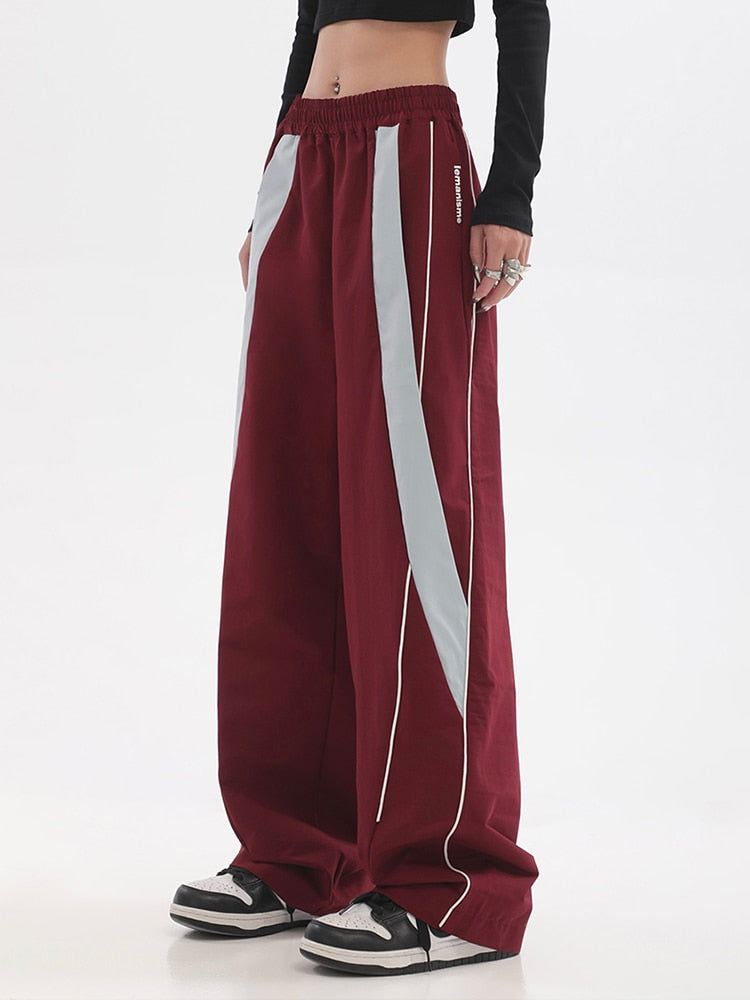 Women's retro street hip-hop red wide-leg pants