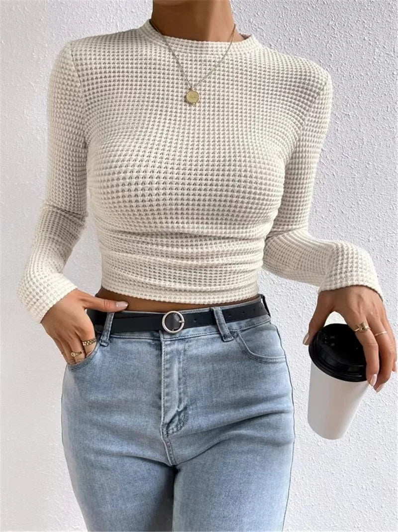 Women's basic  waffle long sleeve t-shirt slim fit top