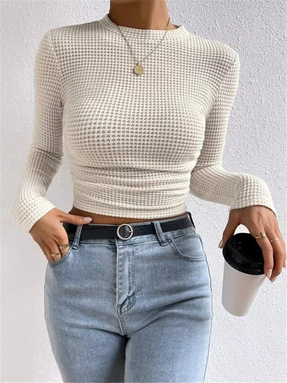 Women's basic  waffle long sleeve t-shirt slim fit top