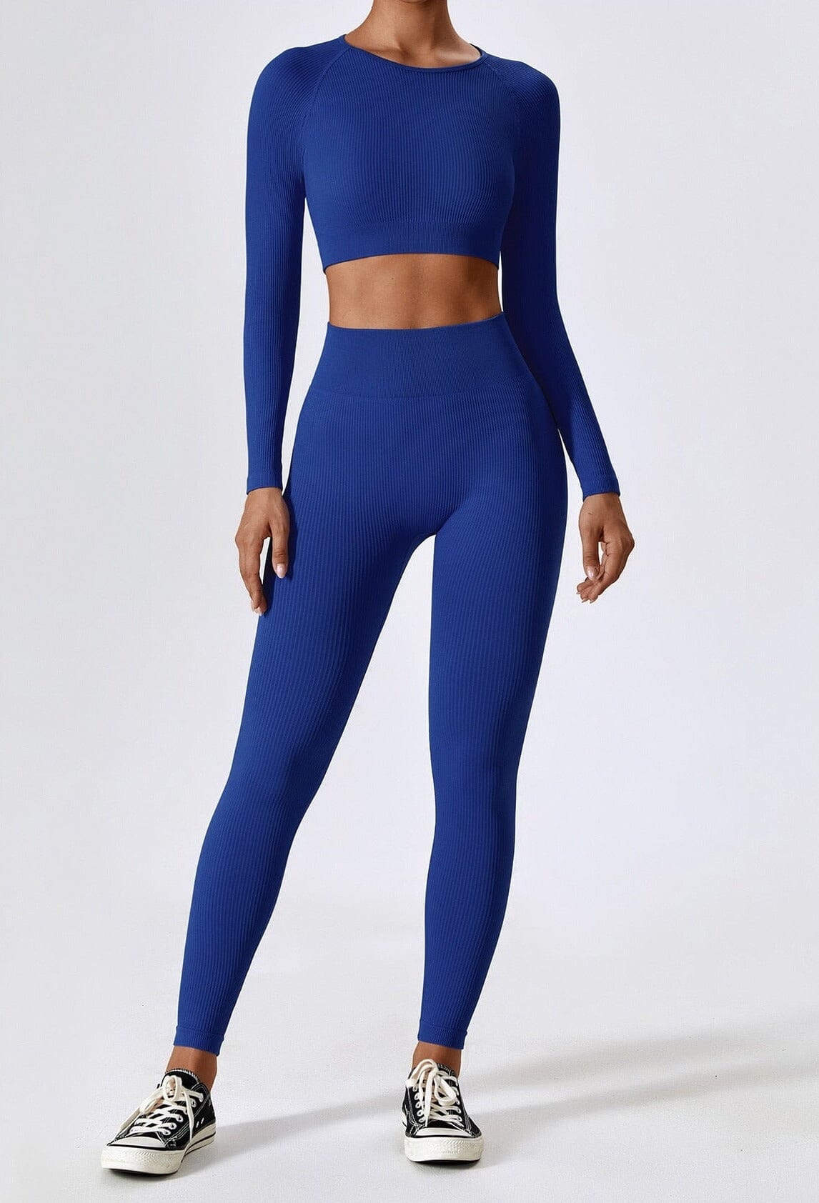 Women's Ribbed Knit Two-Piece Set - Long Sleeve Crop Top & High-Waisted Leggings