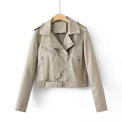 Women's zip-up belted PU leather moto jacket