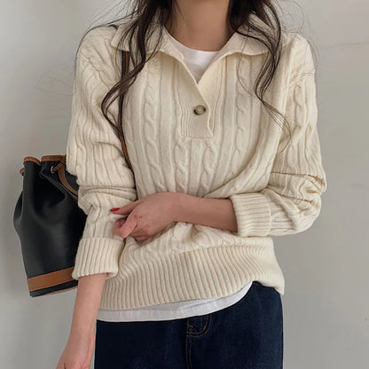 Women's Cable Knit Sweater - Soft Wool Blend - Collared with Button Placket