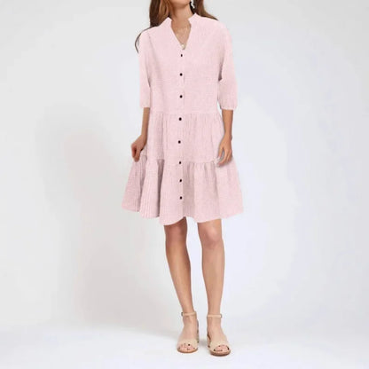 Women’s Dress – Fit and Flare – Cotton Blend – Button Front – Tiered – Knee Length – 3/4 Sleeve