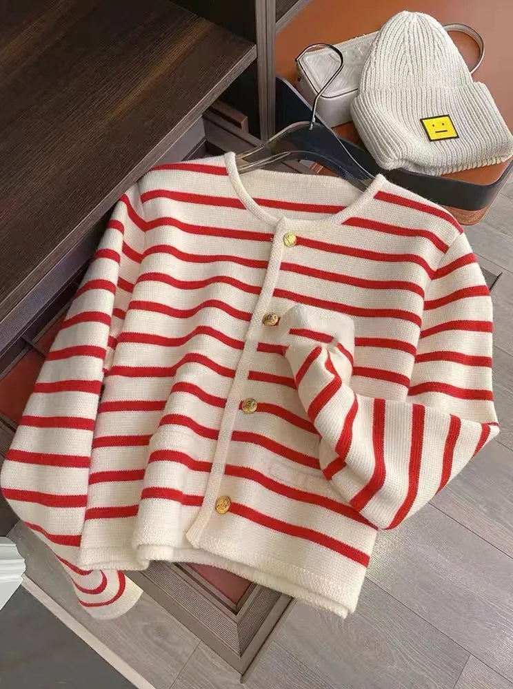 Soft waxy knitted striped sweater for women