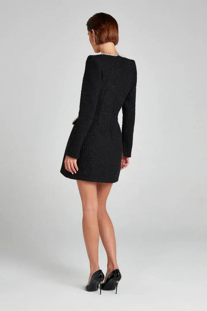 Women’s Blazer Mini Dress – Tweed Tailored Fit – Pearl Trim – Long Sleeve Cocktail
