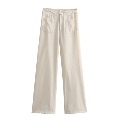Women's Linen Two-Piece Set - Button-Down Shirt & High-Waisted Pants - Relaxed Fit