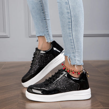 Women's Sneakers - Chunky Sole - Glitter Panel - Lace-Up Fashion Casual Shoes