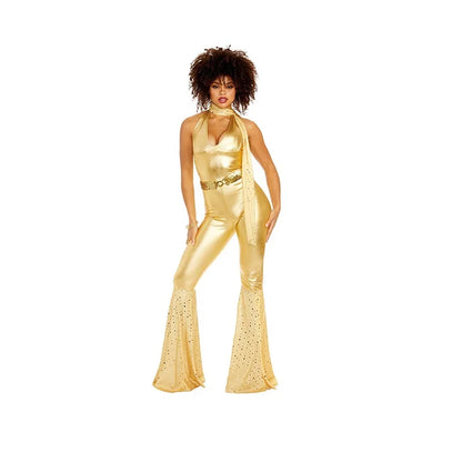 Women's Jumpsuit - 70s Retro Disco Style - Flared Leg - Halter Neck - Metallic Shine