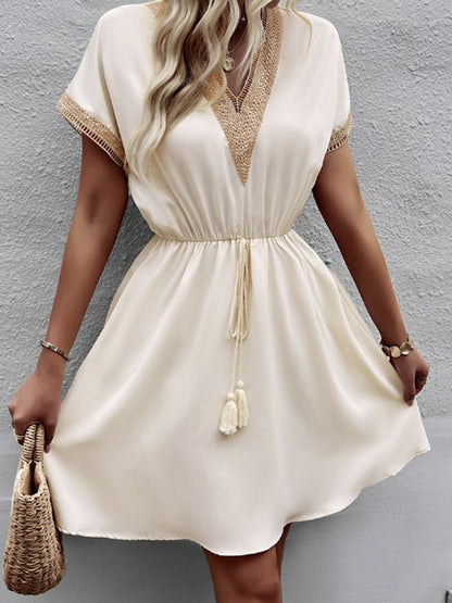 Women's Mini Dress - Lace Trim V-Neck - Short Sleeve Flowy Casual Fit