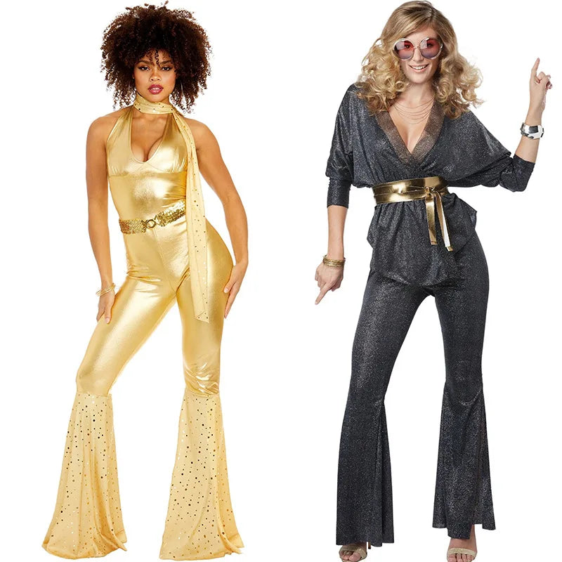 Women's Jumpsuit - 70s Retro Disco Style - Flared Leg - Halter Neck - Metallic Shine