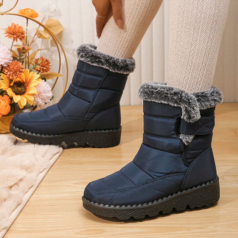 Women's waterproof  faux fur high-top snow boots with hook-and-loop closure