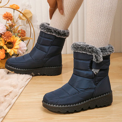Women's waterproof  faux fur high-top snow boots with hook-and-loop closure
