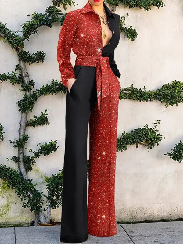 Women's Jumpsuit - Long Sleeve Wrap Style - Belted Waist - Wide Leg Elegant Evening Wear