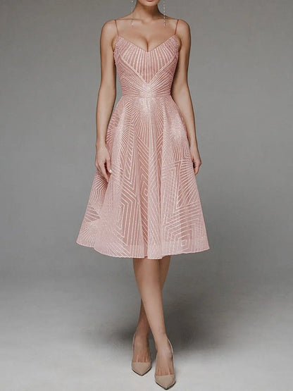 Women's A-Line Dress - Sleeveless Spaghetti Strap - V-Neck Knee-Length Elegant Wear