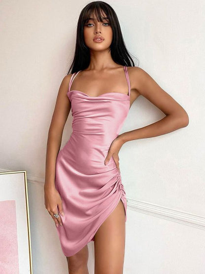 Women's Bodycon Mini Dress - Sweetheart Neckline - Spaghetti Straps - Ruched Detail