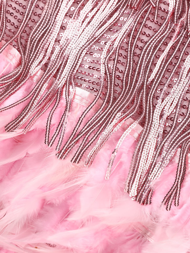Women's Fringe Mini Dress - Spaghetti Strap - Feather Hem - Elegant Partywear
