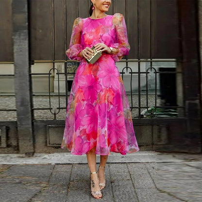 Women's Midi Dress - A-Line Silhouette - Sheer Long Sleeves - Floral Print Elegant Fit
