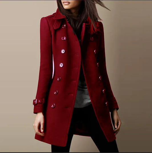 Women's Trench Coat - Double-Breasted - Tailored Fit - Mid-Thigh Length - Elegant Design