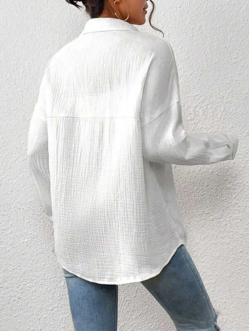 Women's Button-Up Shirt - Lightweight Crinkled Fabric - Relaxed Fit - Long Sleeve