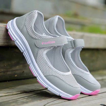 Women's Slip-On Flats - Breathable Mesh - Hook-and-Loop Strap - Lightweight Comfort
