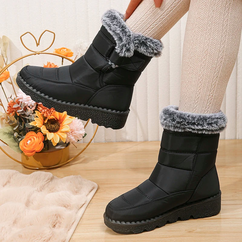 Women's waterproof  faux fur high-top snow boots with hook-and-loop closure