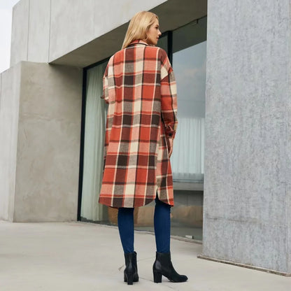 Women plaid trench coat with side slits and pockets