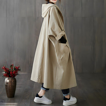 Women's retro literary oversized hooded trench coat with large pockets