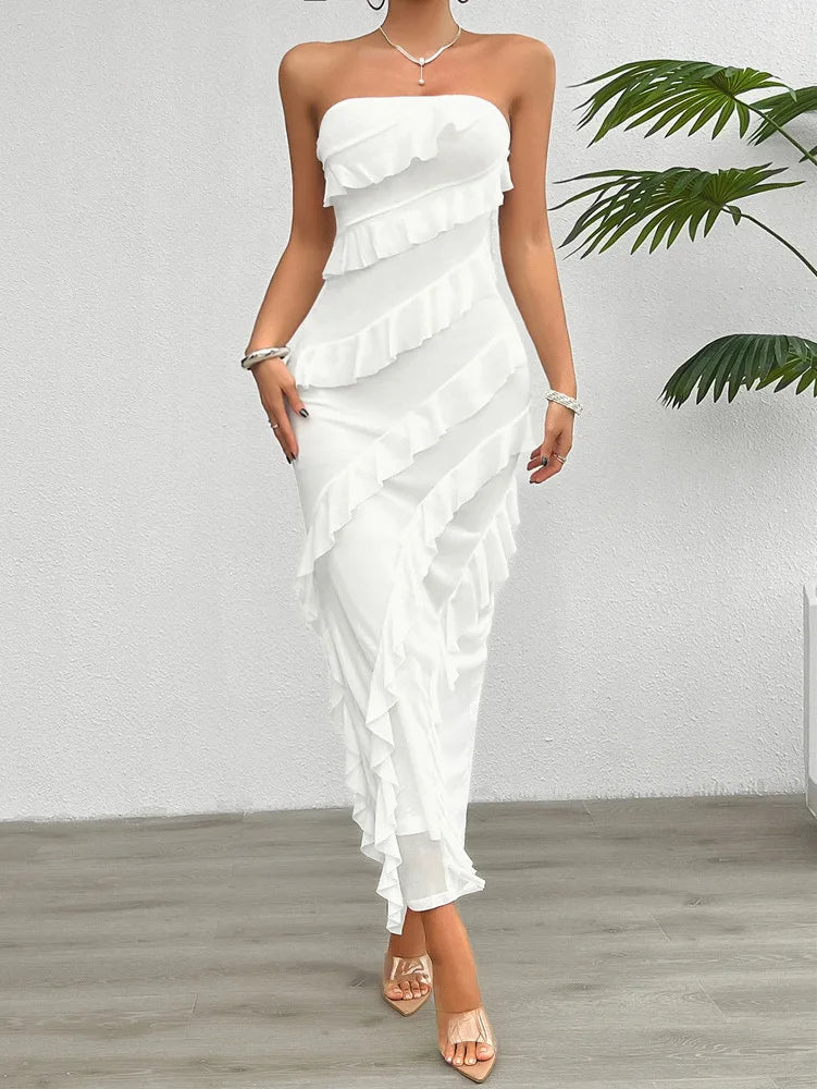 Ruffled Stretch Fabric Bodycon Midi Dress